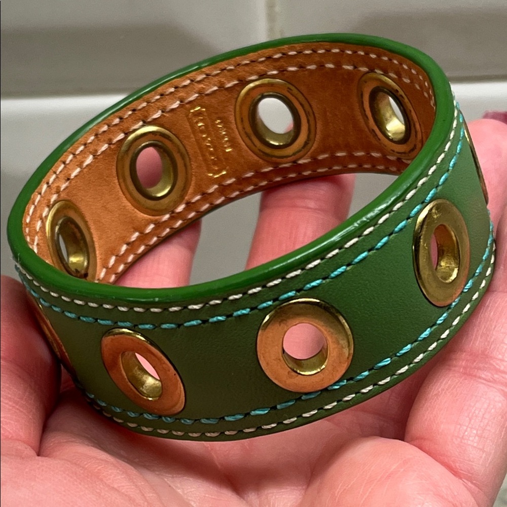 Coach Green Leather with Grommets Bangle Bracelet EUC - Picture 4 of 6